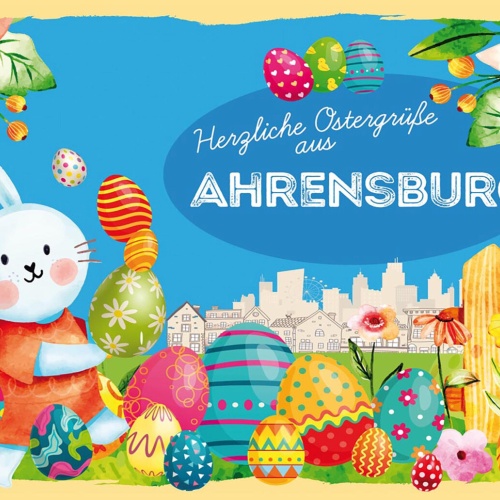 Schild Spruch Herzliche Ostergrüße aus Ahrensburg Osterhase Eier Comic JW