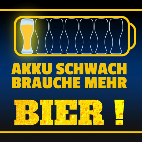 Schild Spruch Akku schwach Brauche mehr Bier Party Alkohol JW