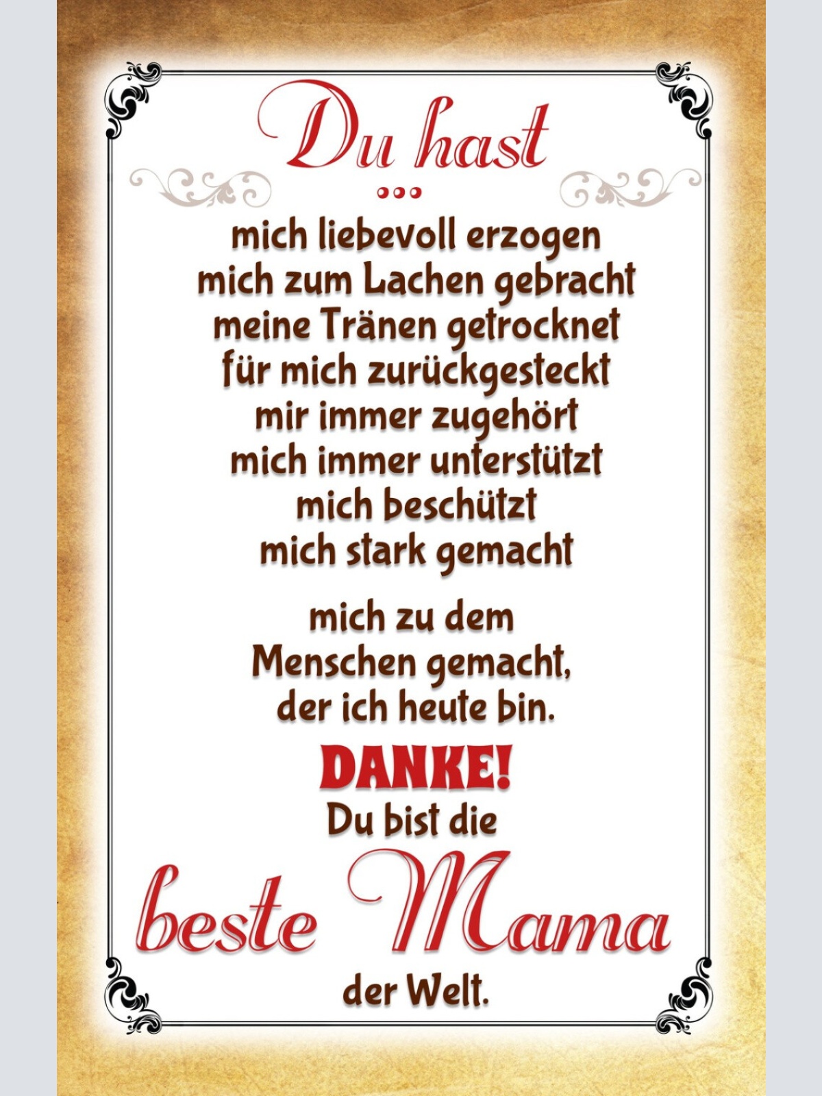 Schild Spruch Du hast mich zum Menschen gemacht Danke beste Mama der Welt JW