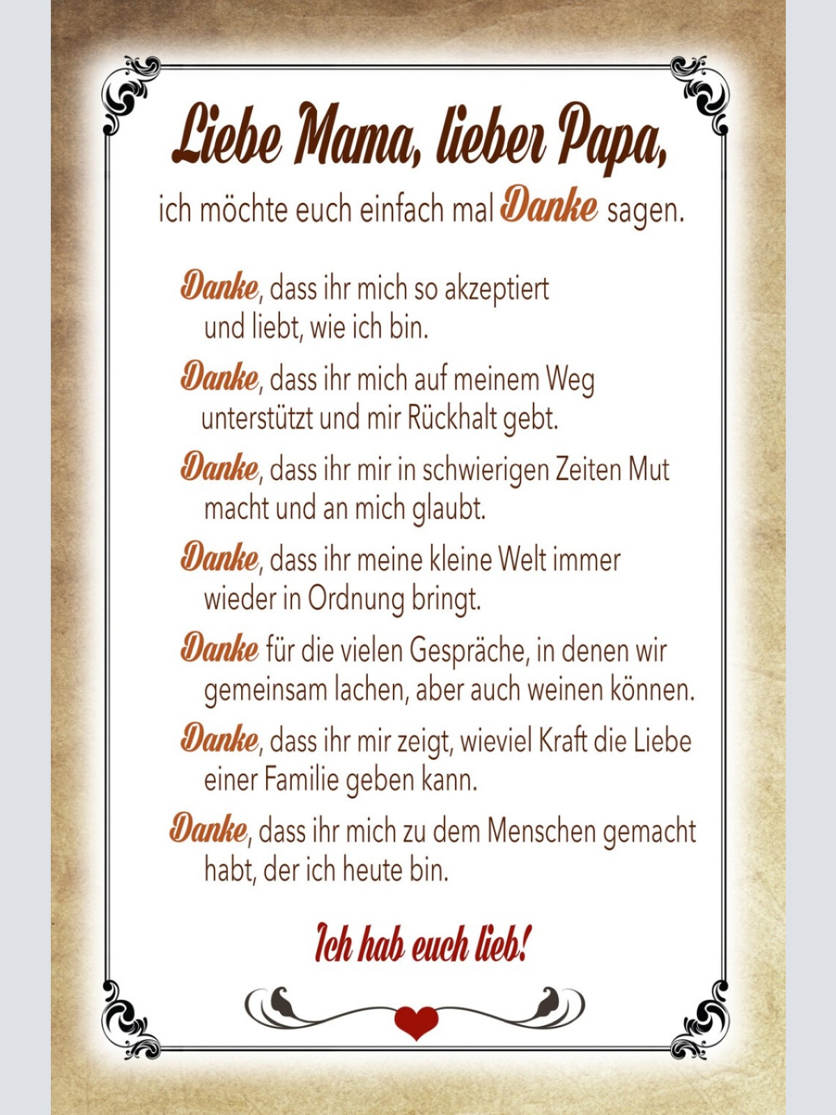 Schild Spruch Liebe Mama Lieber Papa Ich möchte euch einfach mal Danke sagen JW