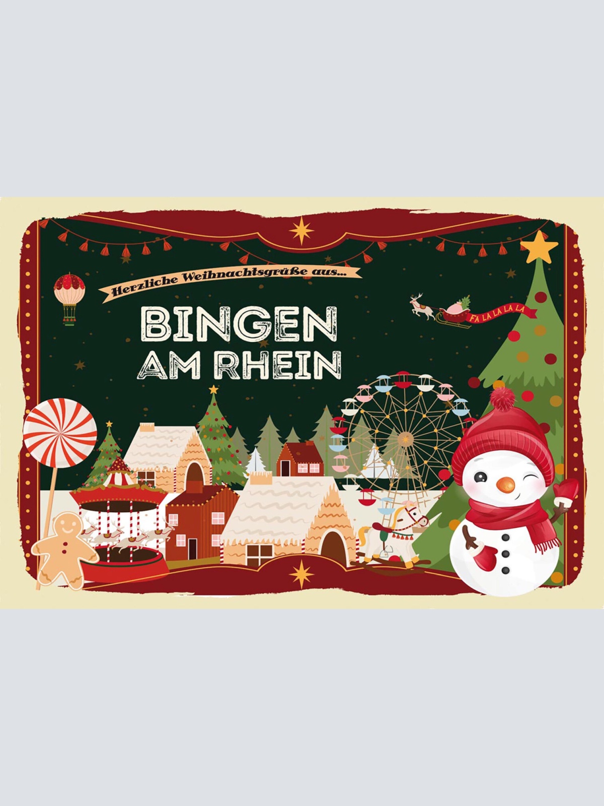 Schild Spruch Herzliche Weihnachtsgrüße aus Bingen am Rhein Comic Schneemann JW