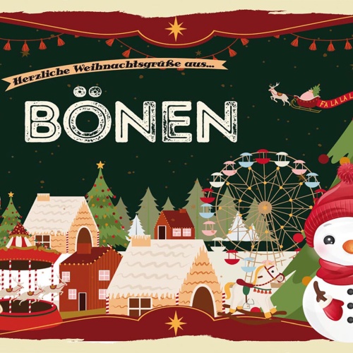 Schild Spruch Herzliche Weihnachtsgrüße aus Bönen Comic Schneemann JW