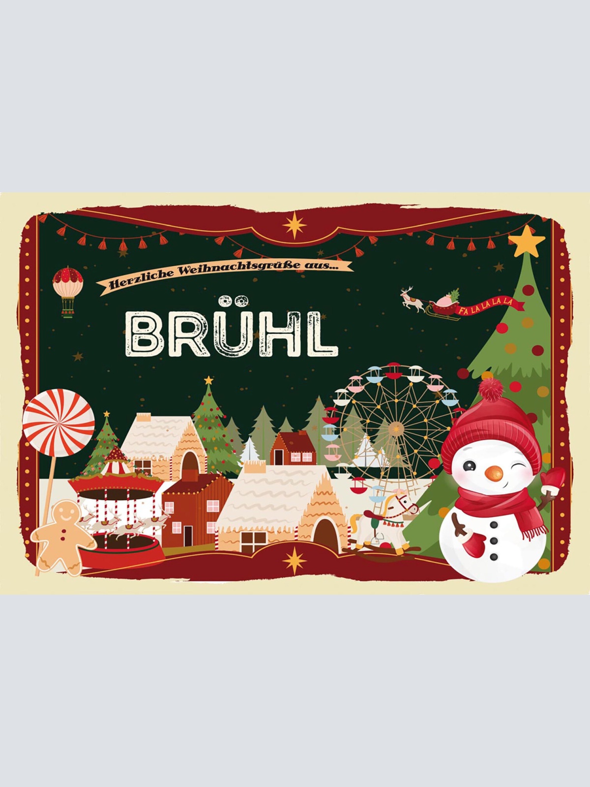 Schild Spruch Herzliche Weihnachtsgrüße aus Brühl Comic Schneemann JW