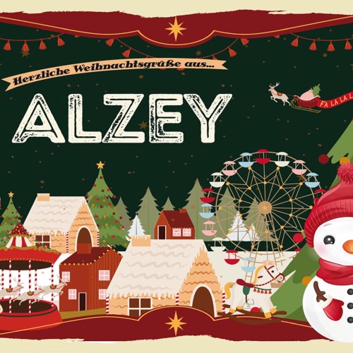 Schild Spruch Herzliche Weihnachtsgrüße aus Alzey Comic Schneemann JW