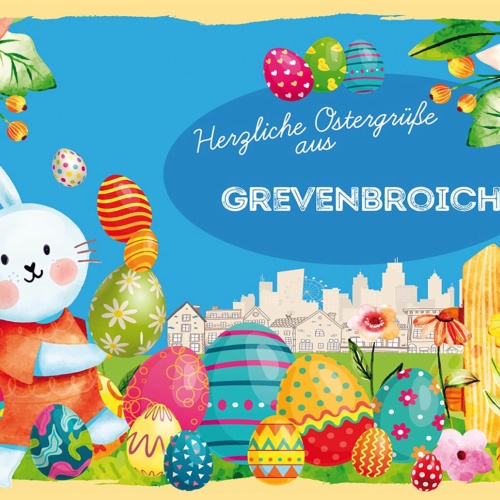 Schild Spruch Herzliche Ostergrüße aus Grevenbroich Osterhase Eier Comic JW