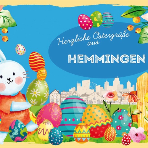 Schild Spruch Herzliche Ostergrüße aus Hemmingen Osterhase Eier Comic JW