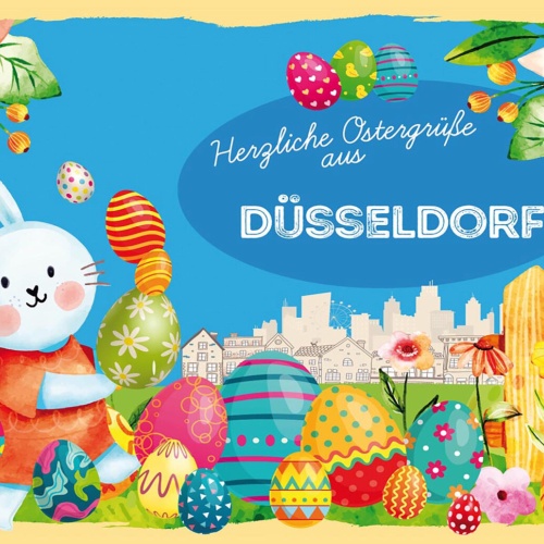 Schild Spruch Herzliche Ostergrüße aus Düsseldorf Osterhase Eier Comic JW