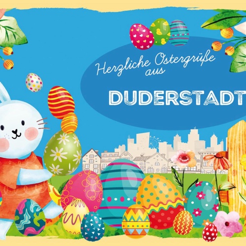 Schild Spruch Herzliche Ostergrüße aus Duderstadt Osterhase Eier Comic JW