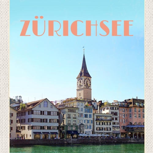 Schild Spruch Zürichsee Schweiz Häuserfront Kirchturm JW
