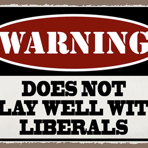 Schild Spruch Warning Does not play well with liberals Warnung funktioniert JW