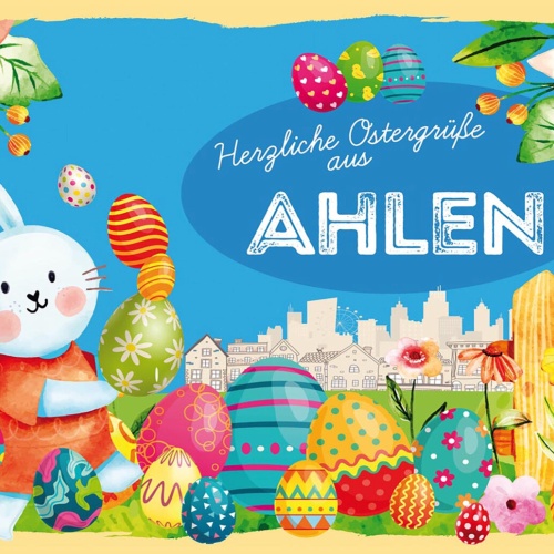 Schild Spruch Herzliche Ostergrüße aus Ahlen Osterhase Eier Comic JW