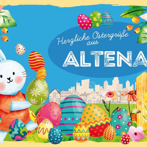 Schild Spruch Herzliche Ostergrüße aus Altena Osterhase Eier Comic JW