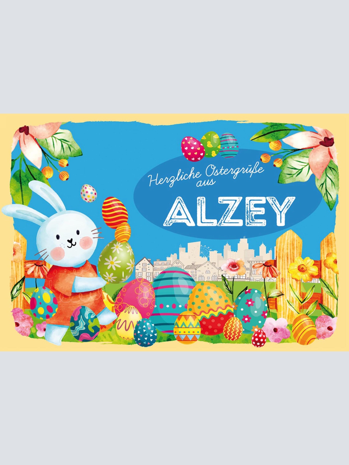 Schild Spruch Herzliche Ostergrüße aus Alzey Osterhase Eier Comic JW