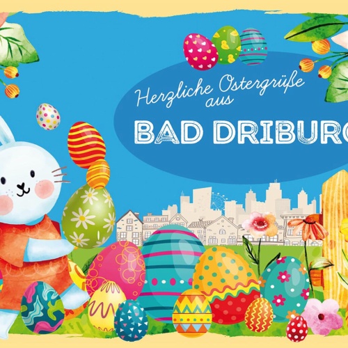 Schild Spruch Herzliche Ostergrüße aus Bad Driburg Osterhase Eier Comic JW