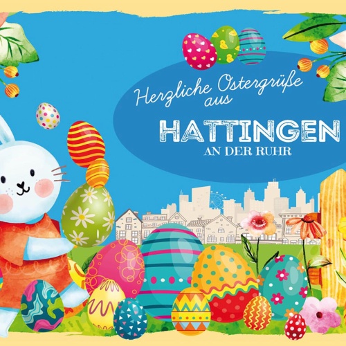 Schild Spruch Herzliche Ostergrüße aus Hattingen an der Ruhr Osterhase Comic JW