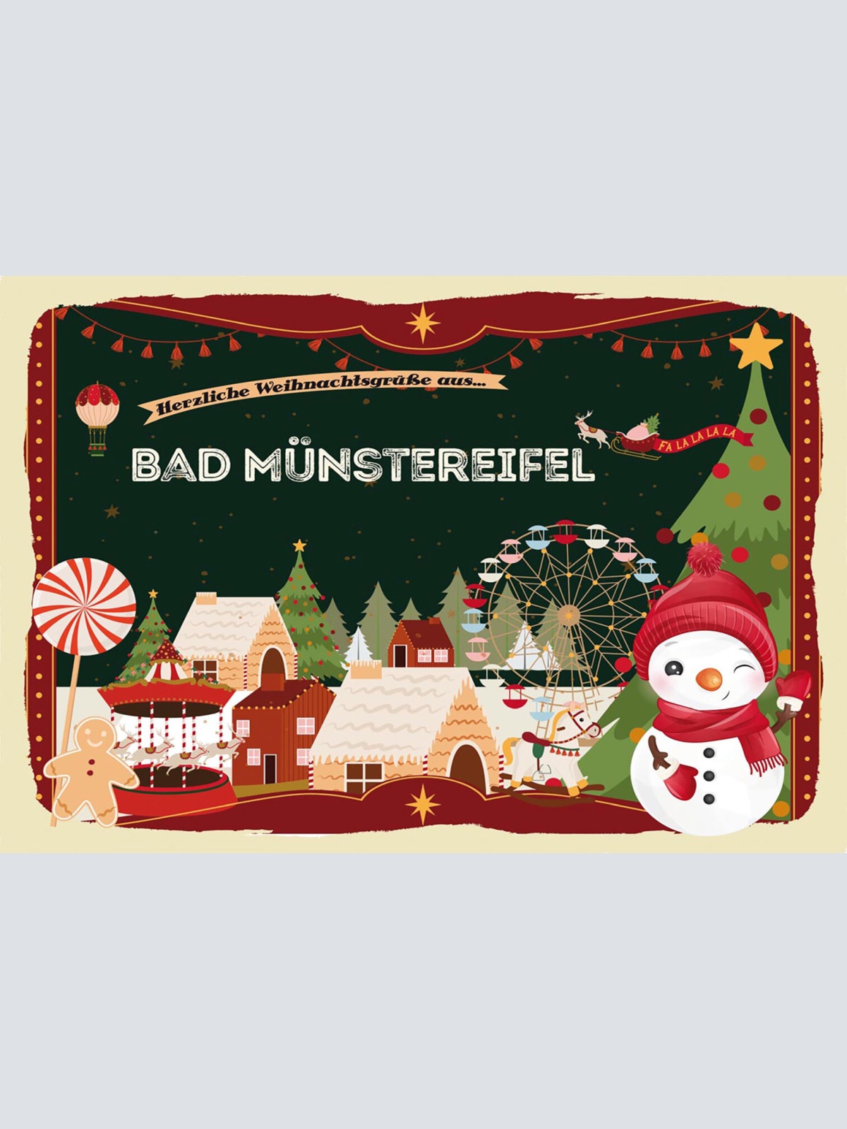 Schild Spruch Herzliche Weihnachtsgrüße aus Bad Münstereifel Comic Schneemann JW