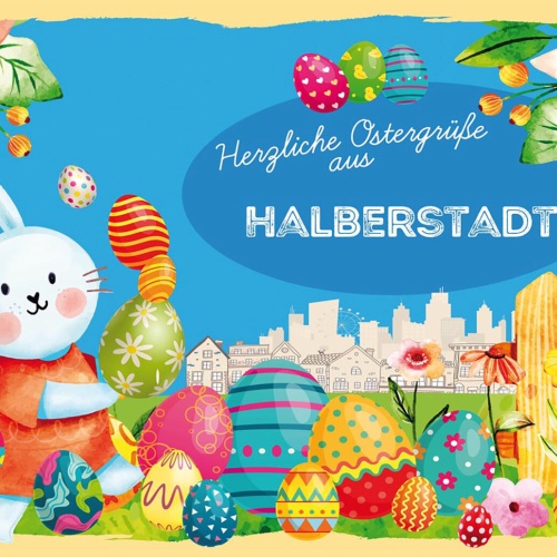 Schild Spruch Herzliche Ostergrüße aus Halberstadt Osterhase Eier Comic JW