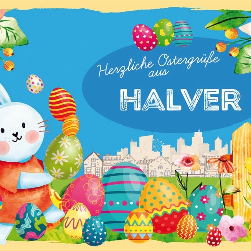 Schild Spruch Herzliche Ostergrüße aus Halver Osterhase Eier Comic JW