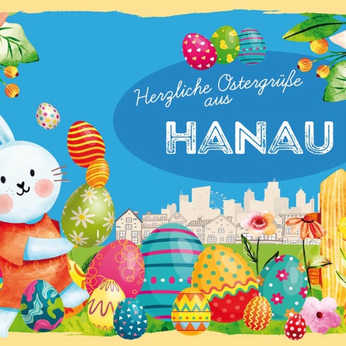 Schild Spruch Herzliche Ostergrüße aus Hanau Osterhase Eier Comic JW