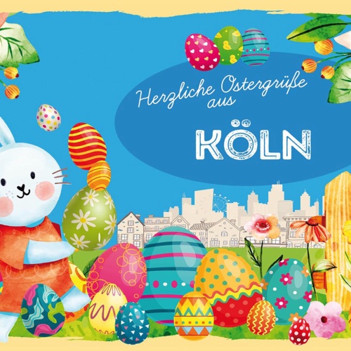 Schild Spruch Herzliche Ostergrüße aus Köln Osterhase Eier Comic JW