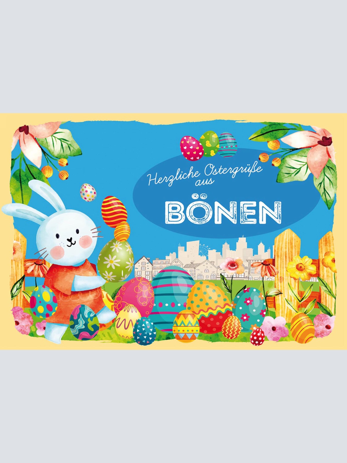 Schild Spruch Herzliche Ostergrüße aus Bönen Osterhase Eier Comic JW