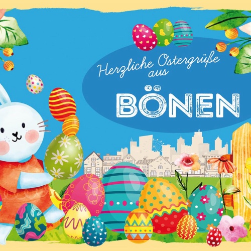 Schild Spruch Herzliche Ostergrüße aus Bönen Osterhase Eier Comic JW