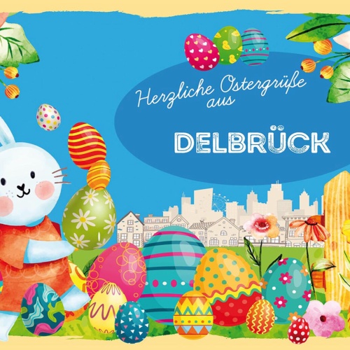 Schild Spruch Herzliche Ostergrüße aus Delbrück Osterhase Eier Comic JW