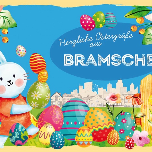 Schild Spruch Herzliche Ostergrüße aus Bramsche Osterhase Eier Comic JW