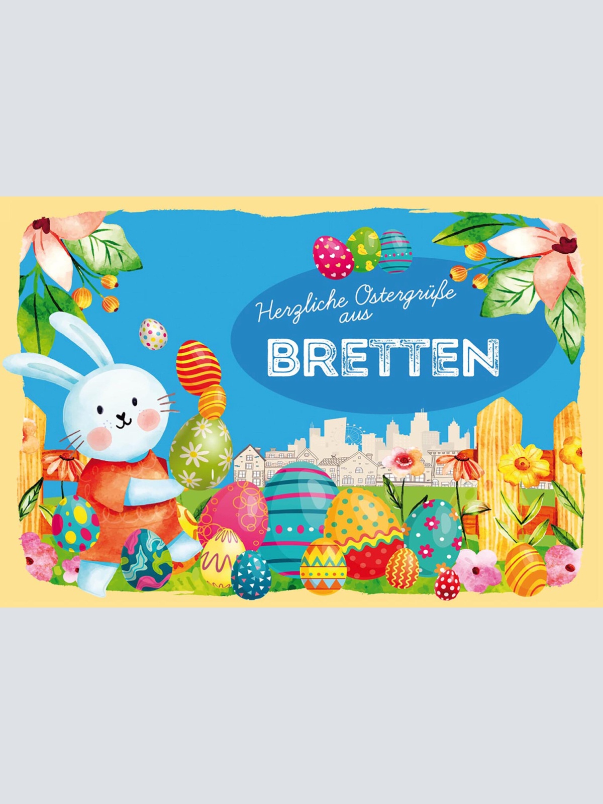 Schild Spruch Herzliche Ostergrüße aus Bretten Osterhase Eier Comic JW