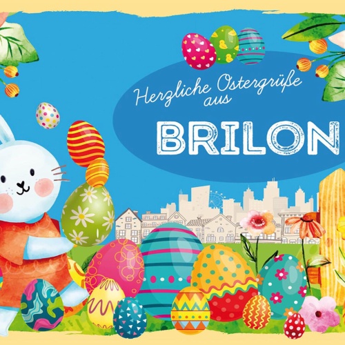 Schild Spruch Herzliche Ostergrüße aus Brilon Osterhase Eier Comic JW
