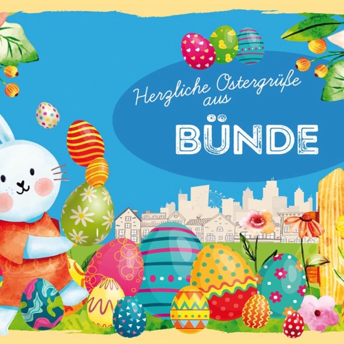 Schild Spruch Herzliche Ostergrüße aus Bünde Osterhase Eier Comic JW