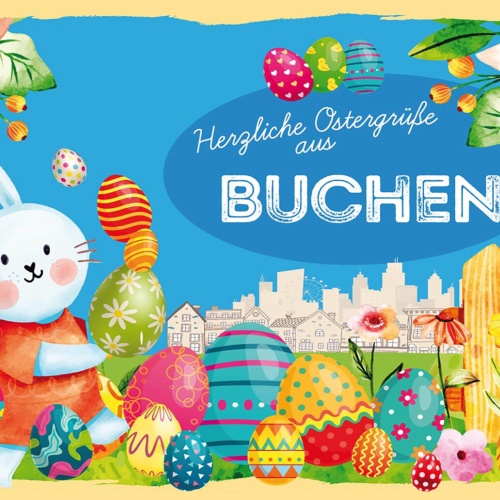 Schild Spruch Herzliche Ostergrüße aus Buchen Osterhase Eier Comic JW