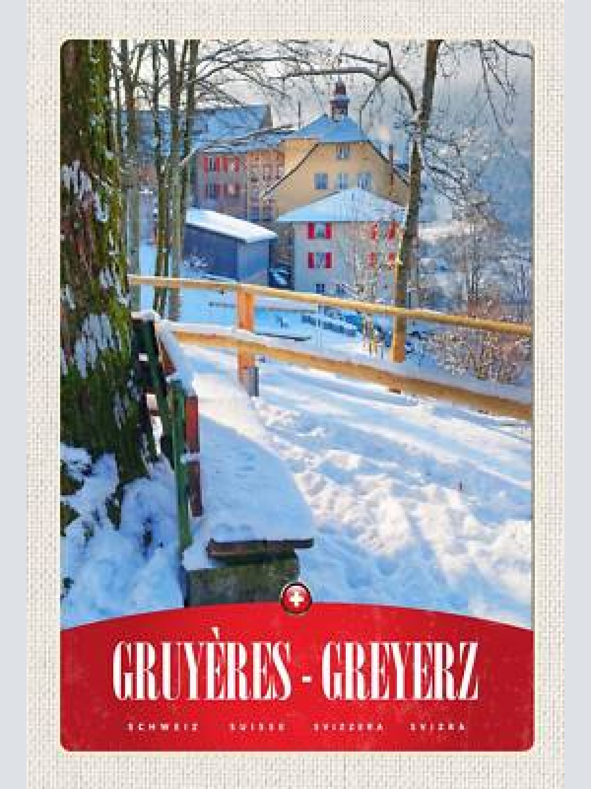 Schild spruch gruyeres-greyerz switzerland schweiz winter weg häuser jw