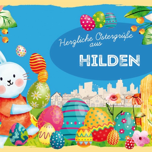 Schild Spruch Herzliche Ostergrüße aus Hilden Osterhase Eier Comic JW