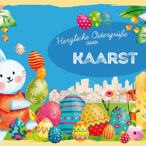 Schild Spruch Herzliche Ostergrüße aus Kaarst Osterhase Eier Comic JW