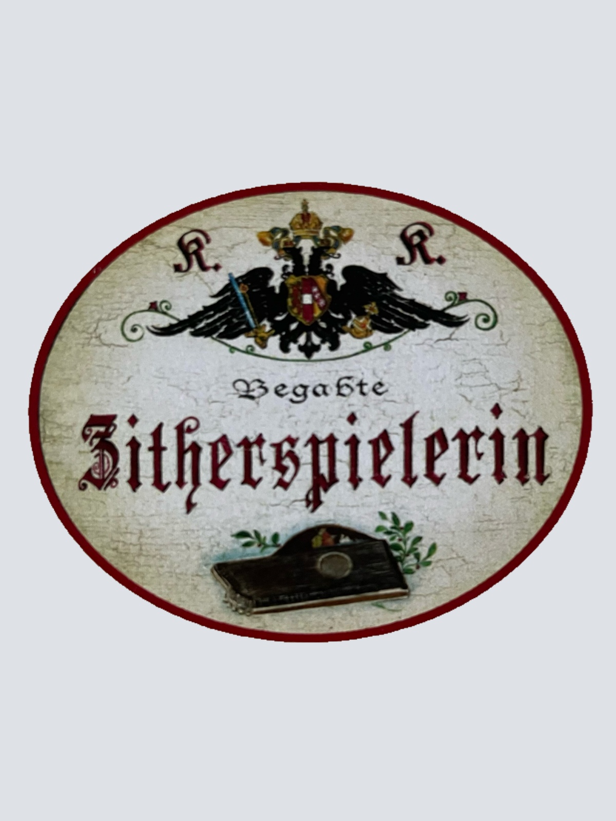 KuK Nostalgie Holzschild Begabte Zitherspielerin Zither Instrument Musik Schild