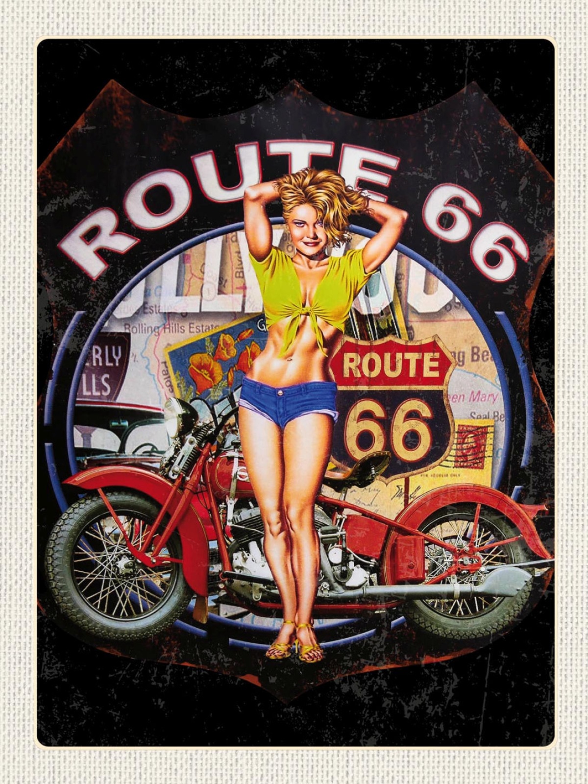 Schild Route 66 Frau Motorrad Straße Highway USA 12x18 20x30 30x40 Blech/Holz
