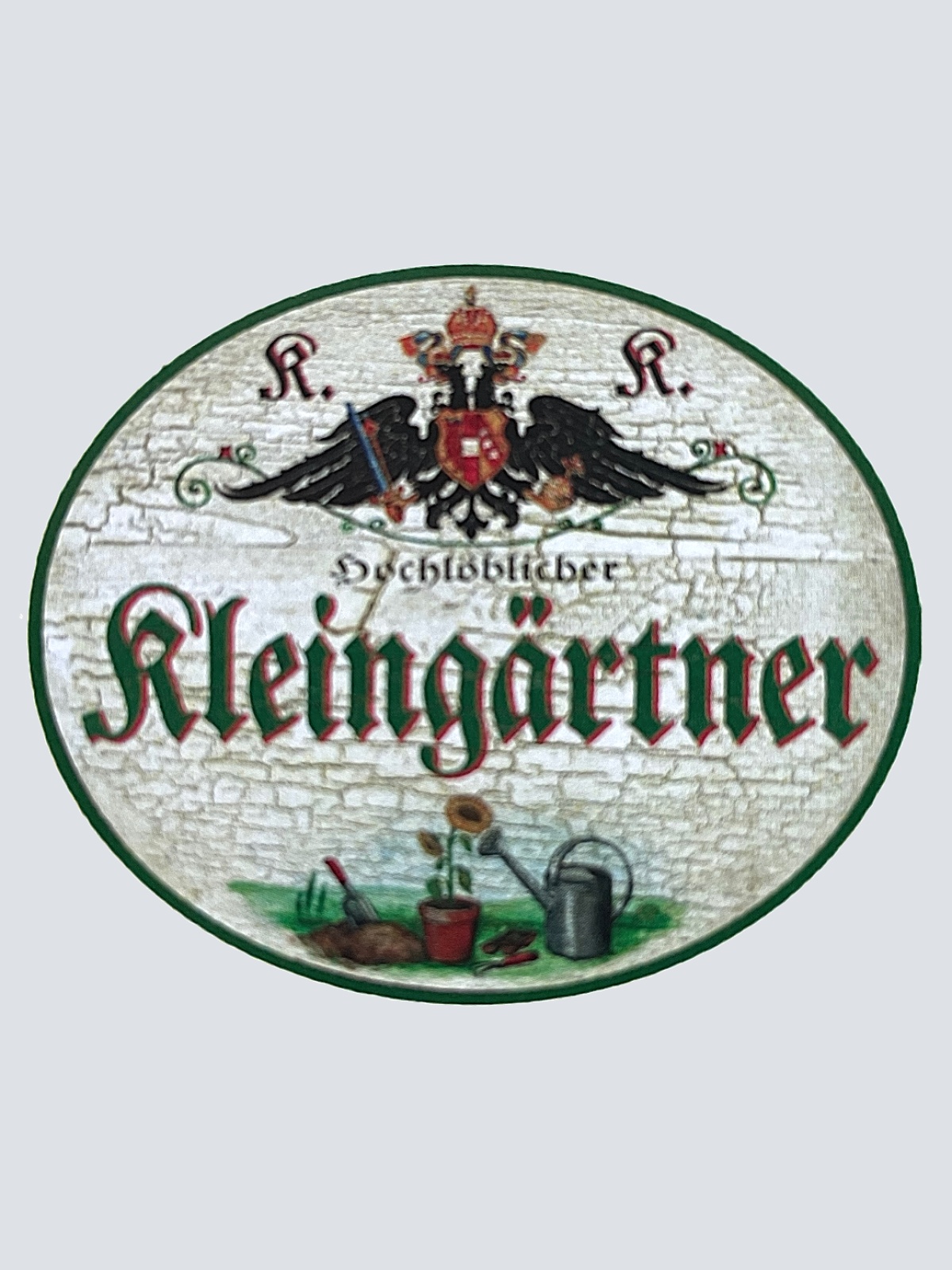 KuK Nostalgie Holzschild "Hochlöblicher Kleingärtner" Schaufel Blume Gießkanne