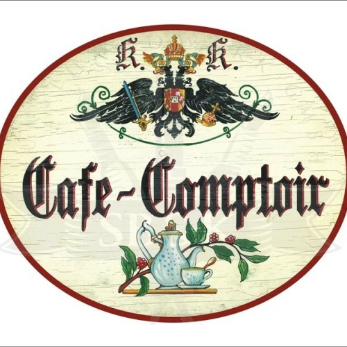 KuK Nostalgie Holzschild - Cafe-Comptoir - Kaffekanne Kaffeetasse TH