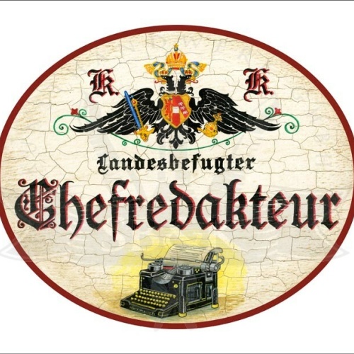 KuK Nostalgie Holzschild - Landesbefugter Chefredakteur - Schreibmaschine TH