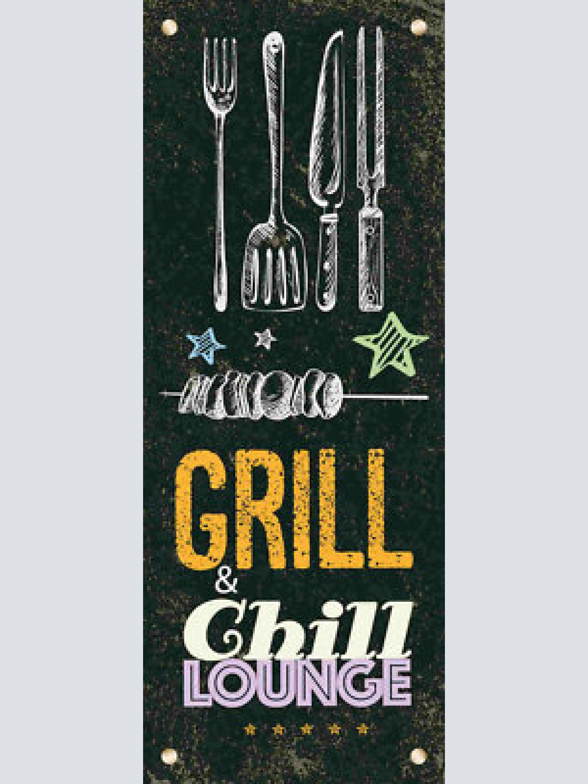 Schild grill & chill lounge grillen entspannen erholung bbq 27x10 blech od.holz