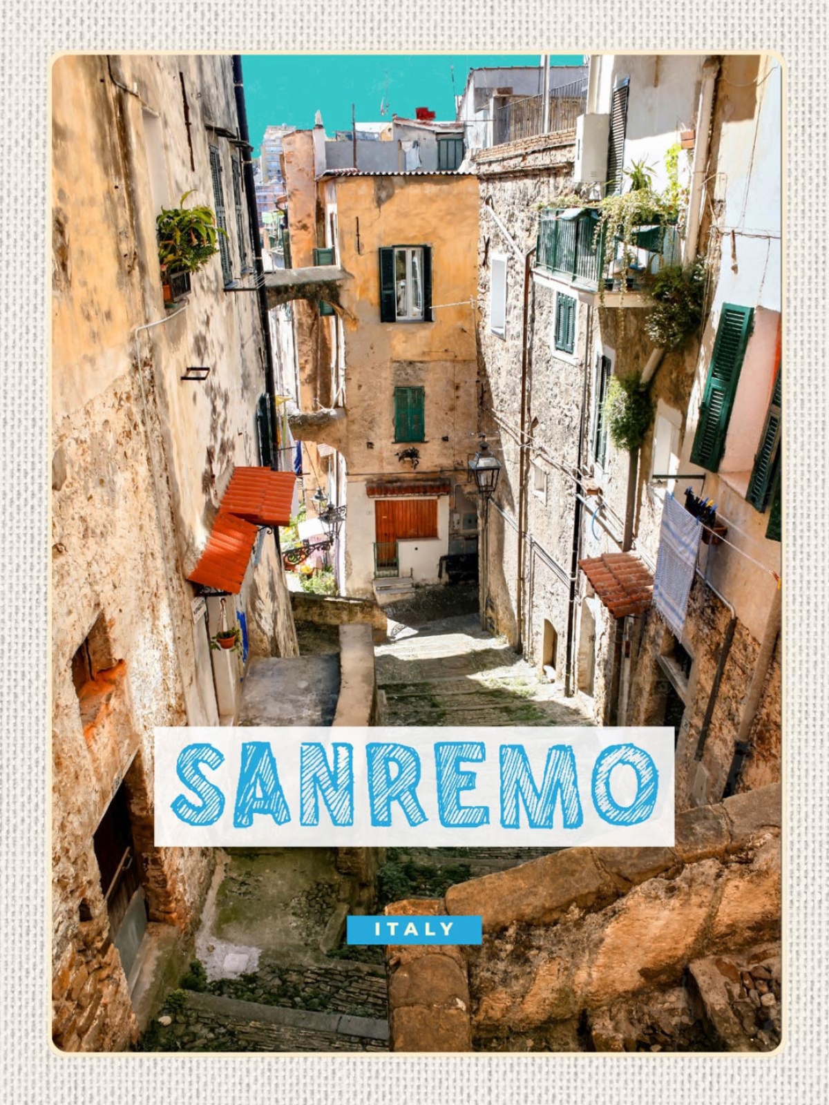 Schild Sanremo Italy Italien Stadt Gasse Häuser 12x18 20x30 30x40 Blech od. Holz
