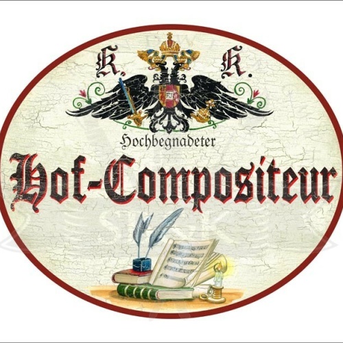 KuK Nostalgie Holzschild - Hochbegnadeter Hof-Compositeur - Bücher Feder TH
