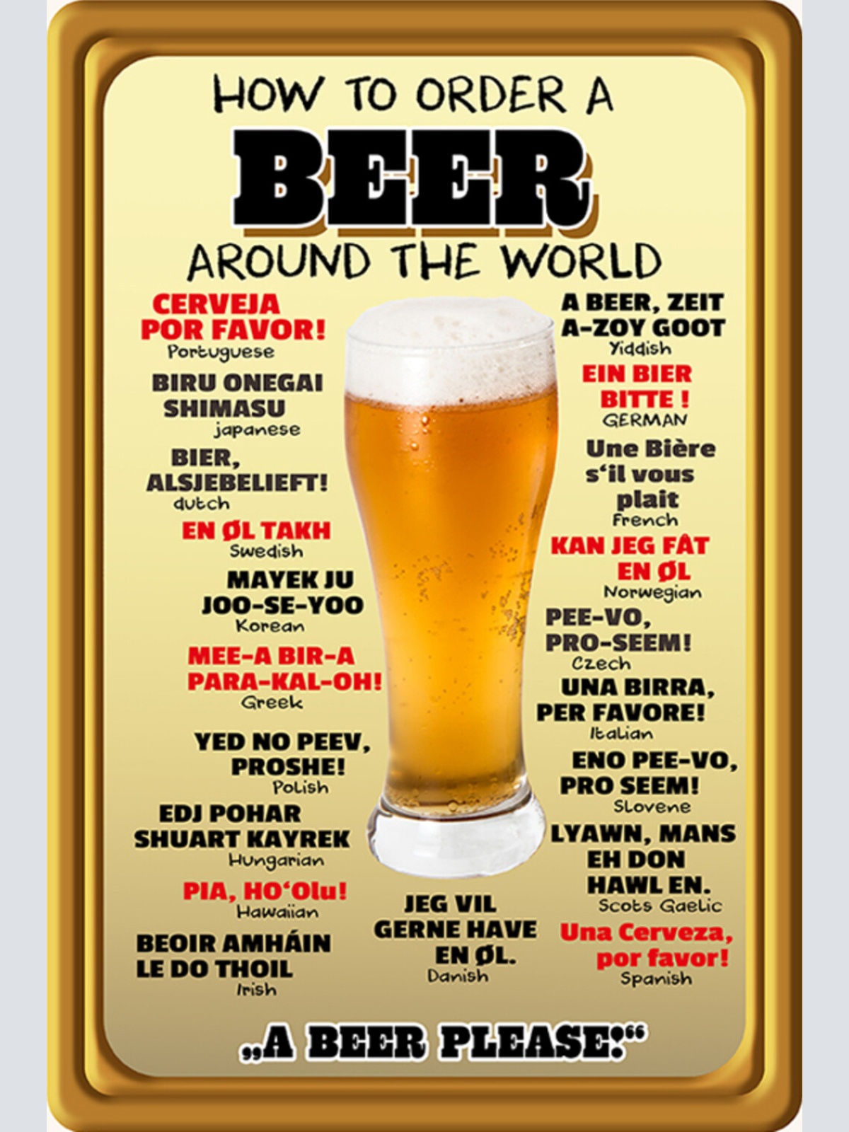 Schild Spruch How to order Beer around world Bier Sprachen bestellen Alkohol JW