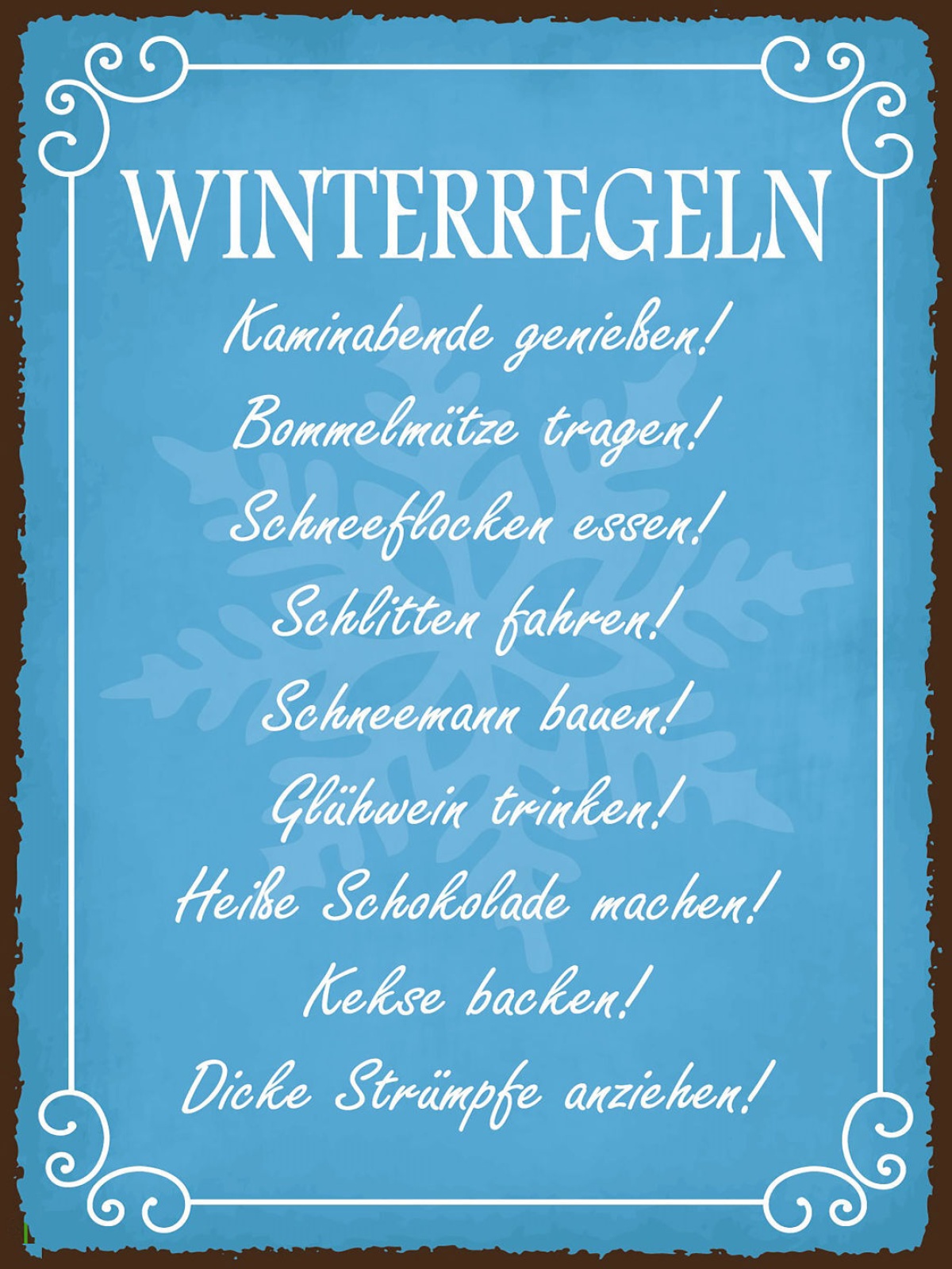 Schild Winter Regeln Schnee Schlitten Glühwein 12x18 20x30 30x40 Blech od. Holz