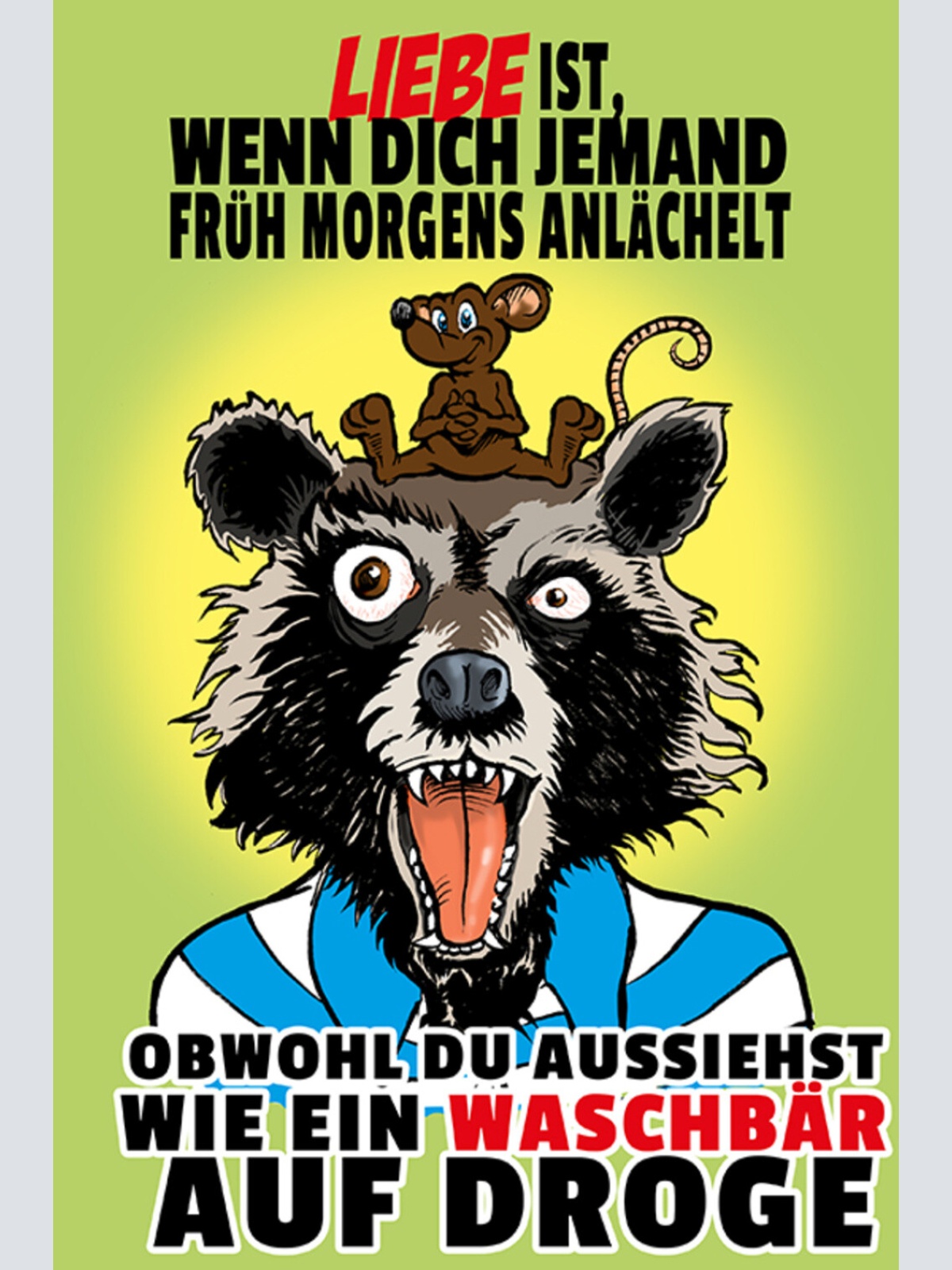 Schild Spruch Liebe ist wenn dich jemand früh morgens anlächelt Waschbär DrogeJW
