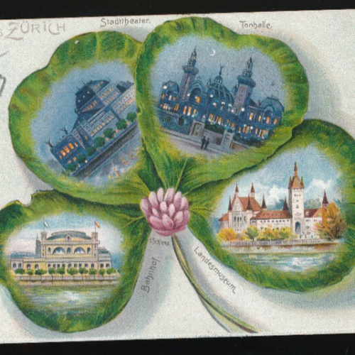 Kleeblatt-Karte gruss aus Zürich Schweitz mit Bahnhof und Landesmuseum (667)