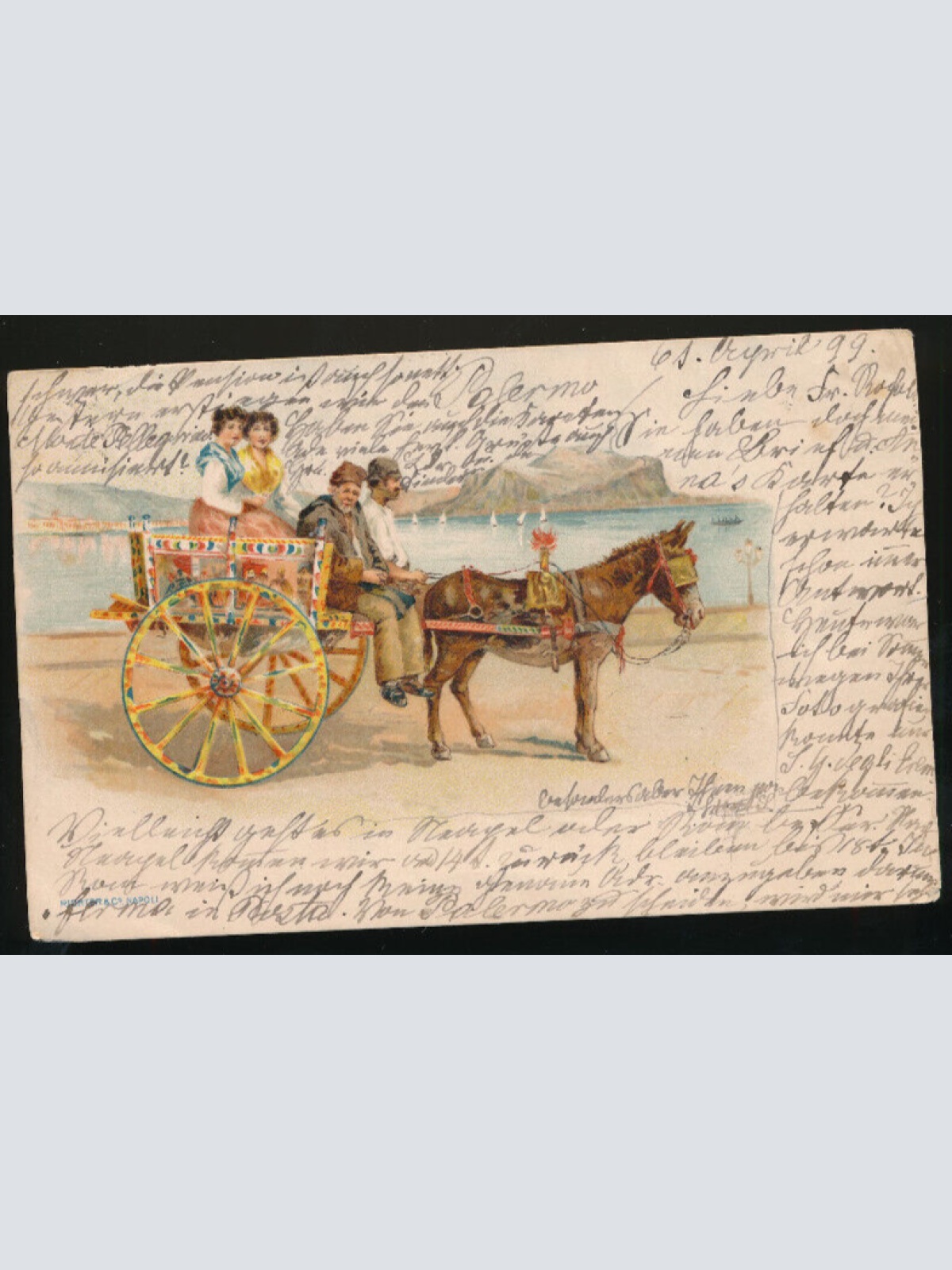 Litho-Karte aus Italien zwei Männer und zwei Frauen auf Kutsche mit Esel (665)
