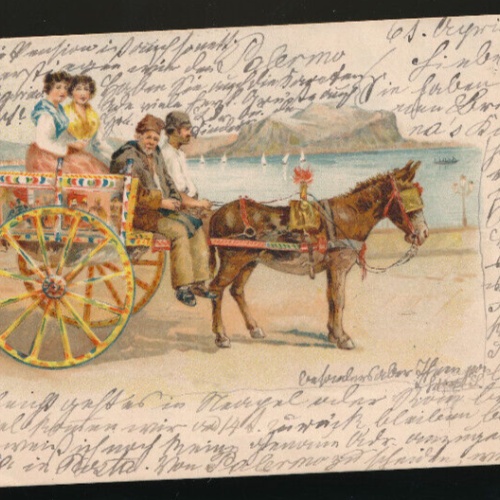 Litho-Karte aus Italien zwei Männer und zwei Frauen auf Kutsche mit Esel (665)