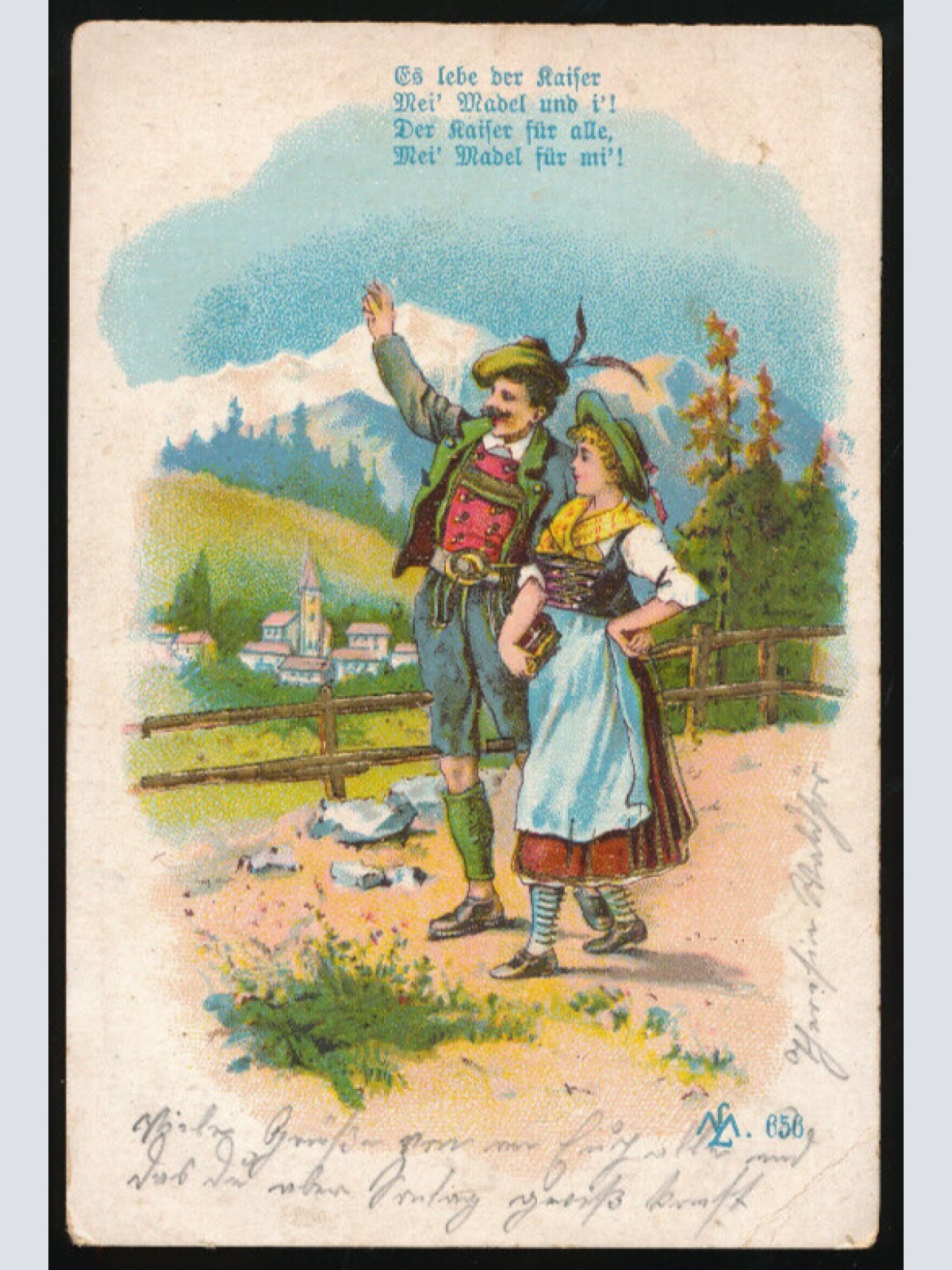 Litho-Karte von einem Trachtenpaar mit Spruch es Lebe der Kaiser (722)